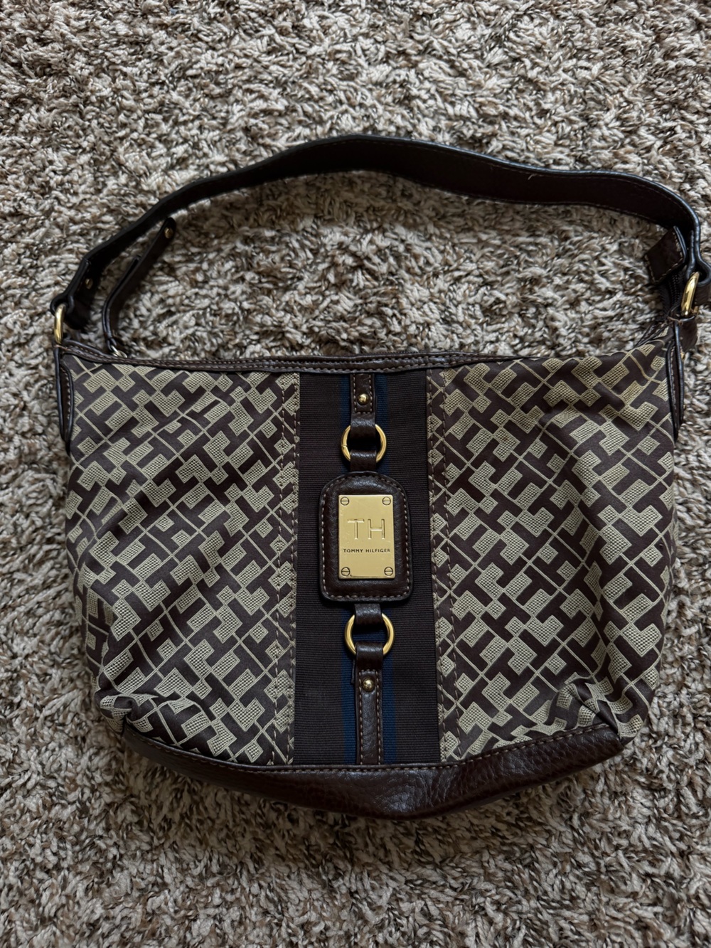 Tommy Hilfiger Dark Brown Monogram Shoulder Bag with Blue Stripe